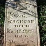 This headstone has been taken out of the cemetery and left alongside the road.  I do find Lizzie in the census but I do not know who were her parents.  She married Holley Jackson and the family can be found in the 1870 census.